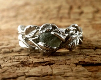 Sterling Silver Green Sapphire Leaf and Twig Wedding Band, Tree Branch Ring, Leaf Ring, Twig Ring, Twig and Leaf Ring, Branch Band by Dawn