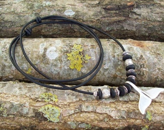 Whale tail Pendant mens necklace, leather necklace, whale Necklace, Man Necklace, Mens tribal Necklace, leather beach jewelry, whale tail