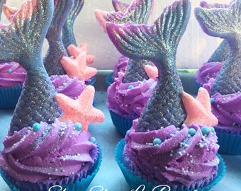 Mermaid Bath Bomb Cupcake With Bubble Bath Frosting With Mermaid Fish Tail And Starfish Shea Butter Soap Adornments