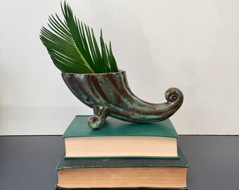 vintage drip glaze cornucopia planter aqua blue and brown