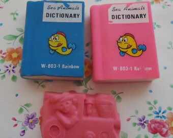 Three 80s Cute Erasers.Dictionary and Train