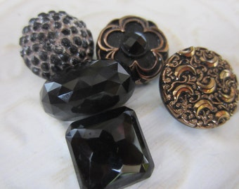 Vintage Buttons - lot of 5 jet black, pressed assorted designs Victorian, some with luster (lot jan 100-17)
