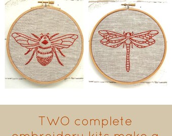 Embroidery kit pair, DIY embroidery patterns, modern hand embroidery patterns, earth tones, modern hoop art, insect embroidery patterns