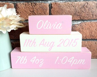 Personalised Hand Painted Wooden Newborn New Baby Girl Name Blocks Shelf Sitter