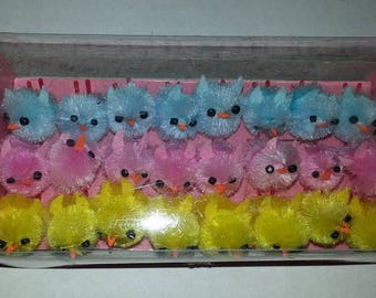 24 SMALL Spring Easter Chenille Chicks-8 blue, 8 pink, 8 yellow - 3/4 in. x 1/2 in. x 3/4 in.