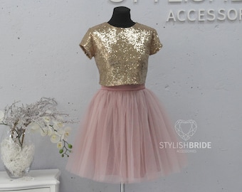 NEW! Dress Tulle Set SEQUIN TOP and Gold Tulle skirt, pink sequin top Bridesmaids Dress sequined top, Party Tulle Blush Pink Blue Grey Skirt