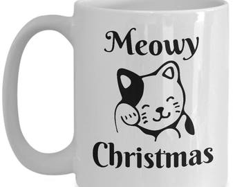 Cat Mug - Meowy Christmas - Merry Christmas Cat Ceramic Cup - Gift For Cat Lover, Friend, Her, Him - Funny Coffee Mug - Cat Gifts