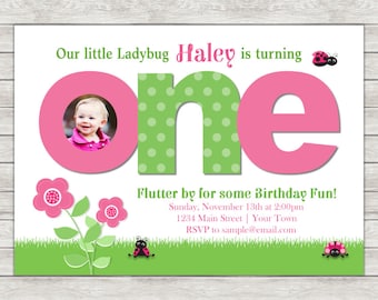 Ladybug 1st Birthday Invitation, Pink Ladybug Invitation - Digital File (Printing Services Available)