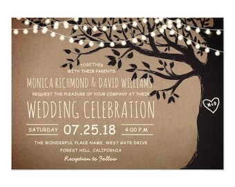 String Lights Carved Heart Tree Country Rustic Vintage Wedding Invitation Template, Printable Invite, Editable Download | DIGITAL or PRINTED