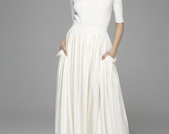 white maxi skirt, high waisted skirt, Maxi skirt, linen skirt, white skirt, Pleated skirt, pocket skirt, women skirts, long linen skirt 1391
