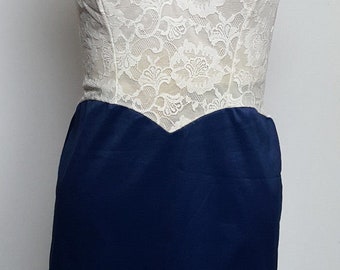 Vanity Fair full slip white lace and blue Tricot nylon 60s vintage princess bodice 34 Small