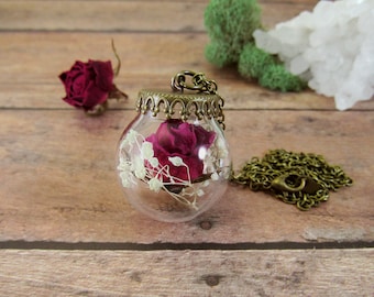 Real rose necklace, terrarium necklace, rosebud pendant, real flower jewelry, rose pendant