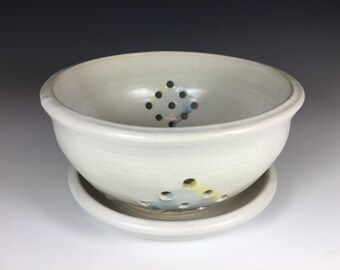 Pottery Berry Bowl and Saucer Set, Stoneware, Spring Colors, Holds 1 Pint Strawberries