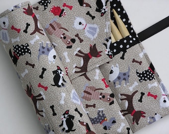 double pointed knitting needle case - organizer - crochet hook - organizer - 28 pockets - puppies and polka dots