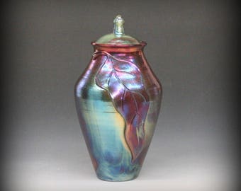 Raku Urn or Lidded Vase in Stunning Metallic Iridescent Colors