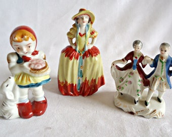 3 Occupied Japan Figuines Girl with Dog Victorian Couple Colonial Lady Instant Collection Figurine