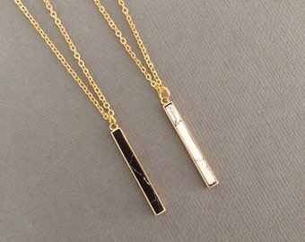 Gold bar necklace, white marble necklace, gemstone pendant necklace, gold necklace, black marble bar pendant, howelite jewellery, jewelry