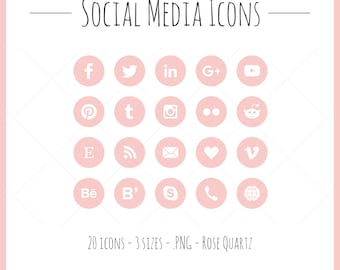 Social Media Icons - 20 icônes en 3 tailles, les fichiers PNG, quartz rose, style solide, rose, rose