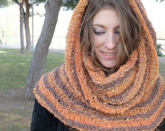 Bouclé Striped Chunky Cowl, Snood, Neckwarmer, Reversible, Seamless, Saffron and Taupe