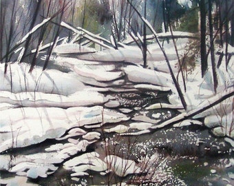Winter Stream Artwork Michigan Winter Wonderland Snowy Minihaha Creek Giclee print from original watercolor painting 8 x 10