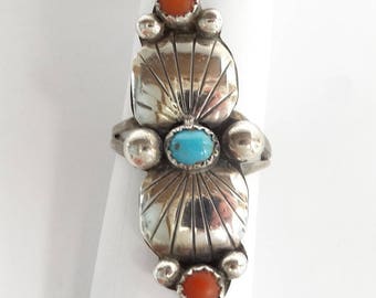 Native American Turquoise and Coral Sterling Silver Ring - Native American Jewelry – Turquoise Ring – Coral Ring - Size 7 1/2