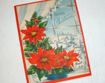 Vintage Merry Christmas Greeting Card, Mid Century Paper Ephemera, Flowers, Red Poinsettia, Retro (192-11)