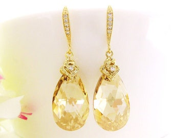 Swarovski Golden Shadow Teardrop Earrings Champagne Crystal Earrings Bridal Crystal Earrings Wedding Jewelry Bridesmaids Gift (E027)