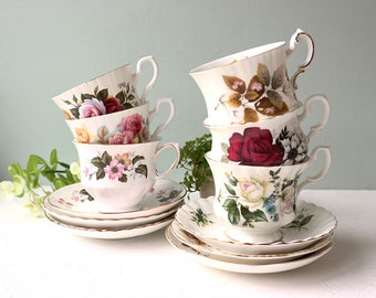Vintage Mismatched Tea Cups and Saucers, English Teacups, Set of 6, Mismatched China