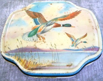 Vintage Horner tin with Mallard Ducks flying collectible tin 1950s