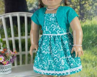 SUNDRESS Dress in Jade Green and White with JACKET Jewelry and SANDALS Option for American Girl or 18 inch Doll