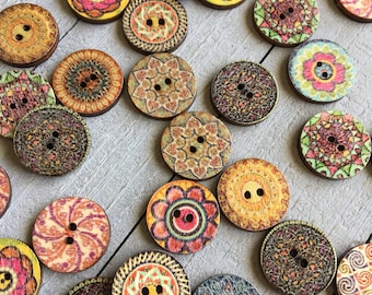 Boho Wooden Buttons (B120) 20 or 100 Fancy Painted 3/4" Diameter Wood Buttons Assorted Styles and Colors Sewing Crafts Scrapbook Supplies