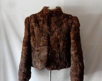 Sz 8 10 M High Neck Collar Fur Jacket Coat - Rabbit - Size Medium - 80s Vintage - Winter Warm