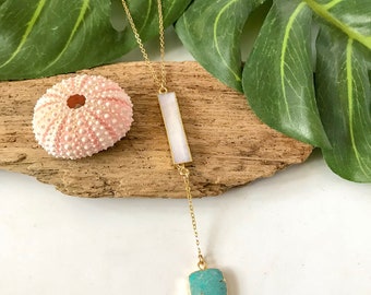 New! // Mother of Pearl and Turquoise Lariat Necklace