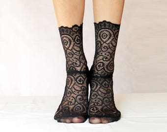 Black Lace Socks. Scalloped Edge Lace and Mesh socks. Handmade Women’s Socks