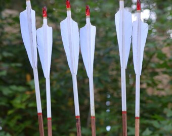 Archery Arrows, wood archery arrows, set of 6 white dipped with red and gold cresting