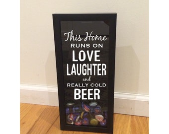 Bottle Cap Holder Shadow Box - This Home Runs on Love, Laughter & Beer - Black (6" x 14") - Vinyl Decal Gifts, Home Bar Accessories
