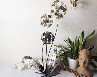 Vintage large dandelion sculpture mid century metal art statue pom flower rare tall brutalist Jere style retro flowers