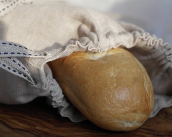 Handcrafted Natural Linen Drawstring Bread Bag - French Bread Storage