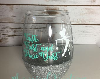 Disney Tinkerbell Wine Glass/ Peter Pan Wine Glass/ Fairy Wine Glass/ Disney Tinkerbell Cup/ Tinkerbell Glitter Wine Glass/ Godmother Gift