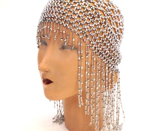 Vintage 1920s Gatsby FLAPPER Bohemian SILVER Romantic BEADED Headpiece