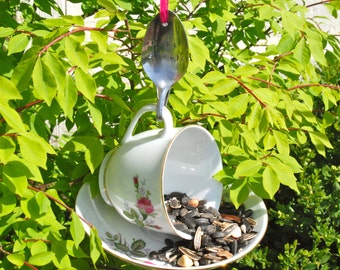 Teacup Bird Feeder with Hand Stamped Bent Spoon- Here Birdie- Perfect Mother's Day Gift