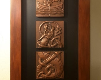 Fishing for Jormungand (Copper) in solid wood frame with walnut finish