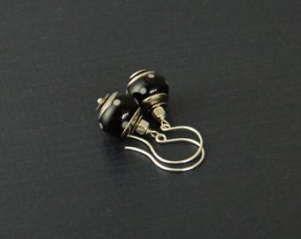 Grey Black polka dot Lampwork earrings, Black Artisan Lampwork bead earrings, Black everyday earrings, Modern earrings, Minimalist earrings