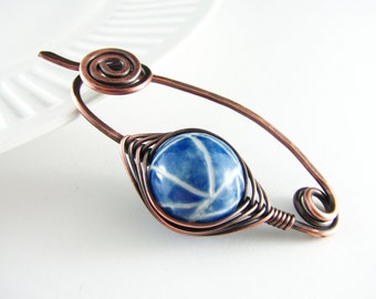 Shawl Pin Wire Wrap Jewelry Copper Jewelry Scarf Pin Sweater Pin Fibula Wire Wrapped Brooch Blue Brooch Copper Wire Wrap