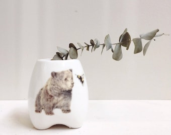 Bear and Bumble Bee Ceramic Planter, Handmade Plant Pot, Indoor Flower Pot, Mother's Day Gift