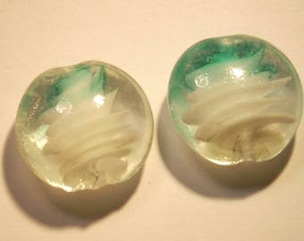 Set of 2 white and turquoise 20mm lampwork glass beads