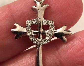 3 Beautiful silver tone crosses with rhinestone open heart design