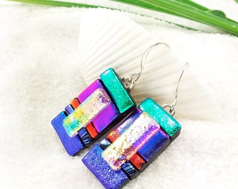 Fused dichroic glass jewelry, dichroic earrings, trending now,glass earrings,dichroic jewelry, glass fusion, statement earrings, hana sakura