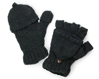 Wool Convertible Mittens, Texting Gloves, Hand Knit Glittens - Black - 2663K