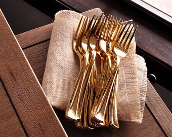 Plastic Gold Forks 25CT. Plastic Gold Silverware That Looks Real. Gold Plastic Cutlery.
